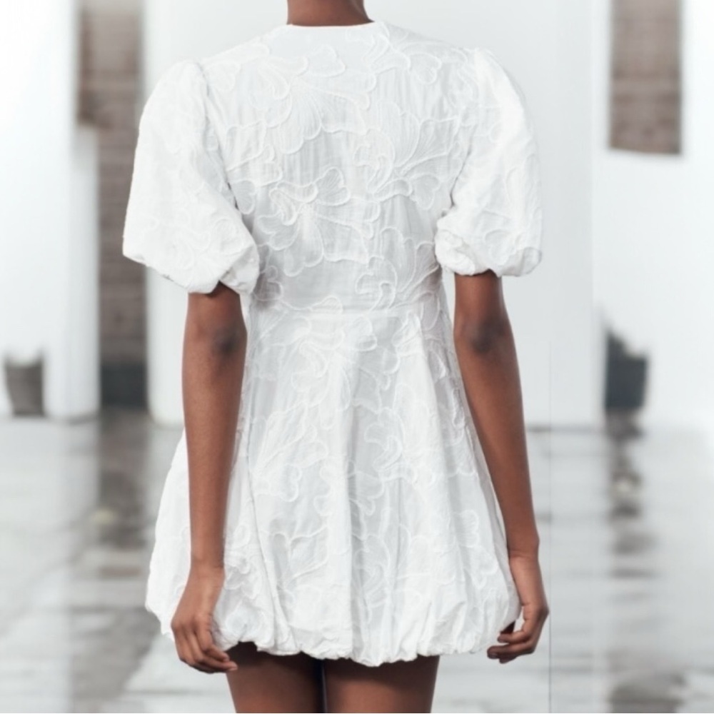 Christian Lacroix Floral Embroidery V Neck Puff Sleeve Bubble Hem Mini Dress - Picture 8 of 16
